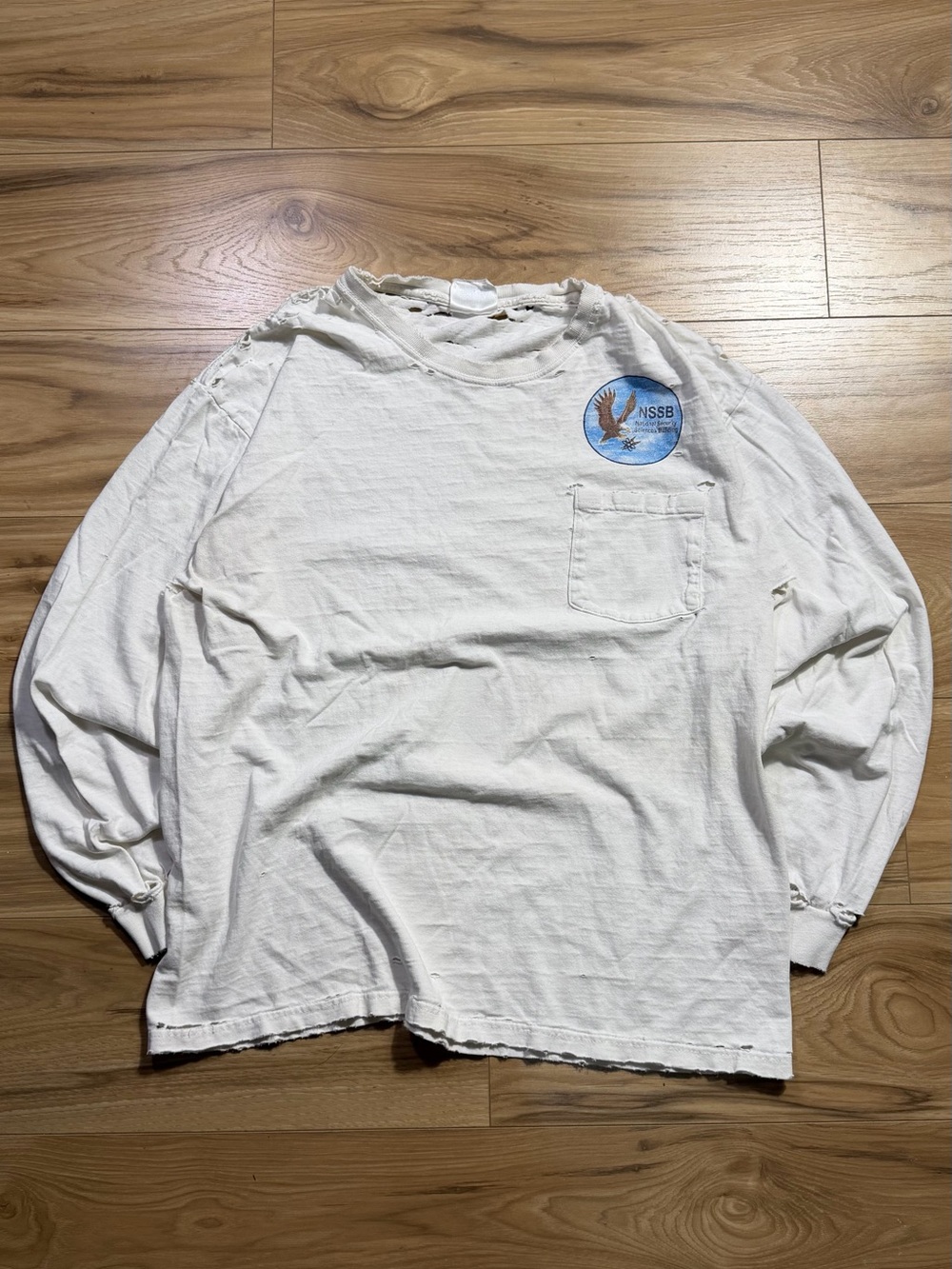 Hanes White Long-Sleeve Pocket Tee with NSB Eagle Patch